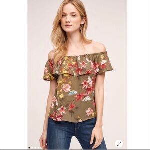 Maeve Vallita Green Butterfly Floral Off The Shoulder Blouse Medium